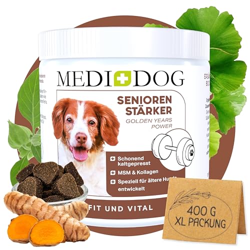 MEDIDOG Seniorenstärker – 400 g – kaltgepresste Drops für ältere Hunde, mit Bockshornklee, Withania somnifera, Macawurzel, MSM, Kurkuma, Glucosamin, Kollagen, Ingwer, Chondroitin, Boswellia serrata, von MEDIDOG