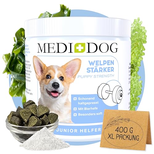 MEDIDOG Welpenstärker – 400g – 13in1 für Welpen und Junge Hunde – für die Wachstumsphase, mit Bierhefe, Calcium, Kollagen, Spirulina, Chlorella, Algenöl UVM.- kaltgepresst & getreidefreie Rezeptur von MEDIDOG