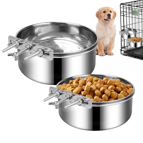 MEETOZ 2 Stück Edelstahl Hängende Futternapf für kleine Haustiere Hund Futter Wasser Schüssel Edelstahl Hundebox Wasser Futternäpfe kein Verschütten für montierbare Metallkäfigschalen für Hunde, von MEETOZ