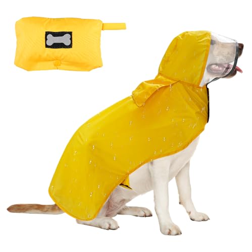 Regenmantel Hund: Regenjacken für Hunde Verstaubar Reflektierender gestreifter, kleines Taschendesign auf Rückseite, Hunderegenmantel Geeignet für kleine/mittlere/große Hunde (Gelb, L) von MEGYAD