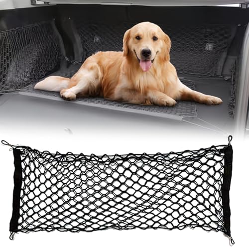 Schutzgitter Auto Barriere Trennnetz: Hundegitter Auto Hundeschutzgitter aus Polypropylen mit 4 Haken, Elastizität Hundegitter für den Kofferraum Doppelschicht Trenngitter Kofferraum Hund 120x70cm von MEGYAD