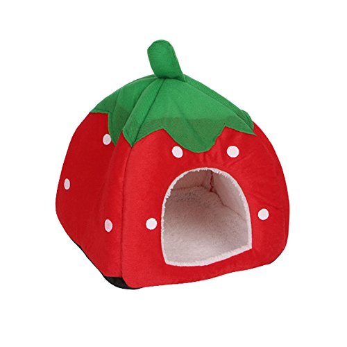 MEIBAOGE Cute Strawberry Haustierbett Hund Katze Kätzchen Puppy Cave Kennel House mit Matte faltbar,Cave House-Rot-M von MEIBAOGE