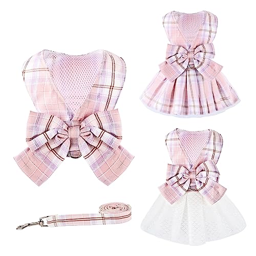 3-in-1-Hundekleid, Tutu-Rock mit austauschbarem Saum und Fliege, Geschirr, Leine, Set für kleine und mittelgroße Hunde, Weihnachten, Urlaub, Picknick, Geburtstagsparty, Rosa, Größe L von MEIKLE