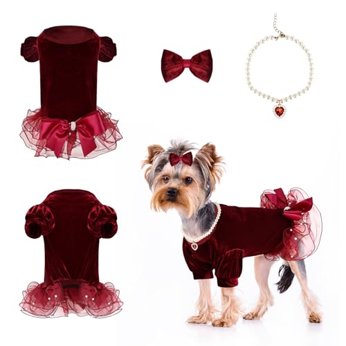 Hund Weihnachten Outfit Hund Tüll Kleid Hund Winterkleidung für kleine Hunde Mädchen mit Perlen und Schleifen (Burgundy, L) von MEIKLE