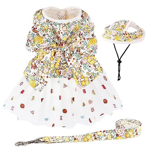 Hundekleid mit Blumenmuster, Tutu-Outfit, Rock und poröser Netzstoff, Sonnenhaube mit Ohrenlöchern, für kleine und mittelgroße Hunde, Weihnachten, Urlaub, Picknick, Geburtstagsparty (Gelb, L) von MEIKLE