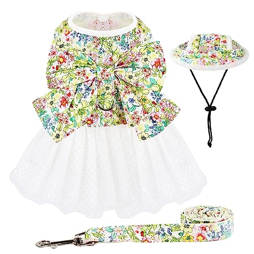 Hundekleid mit Blumenmuster, Tutu-Outfit, Rock und poröser Netzstoff, Sonnenhaube mit Ohrenlöchern, für kleine und mittelgroße Hunde, Weihnachten, Urlaub, Picknick, Geburtstagsparty (Grün, L) von MEIKLE