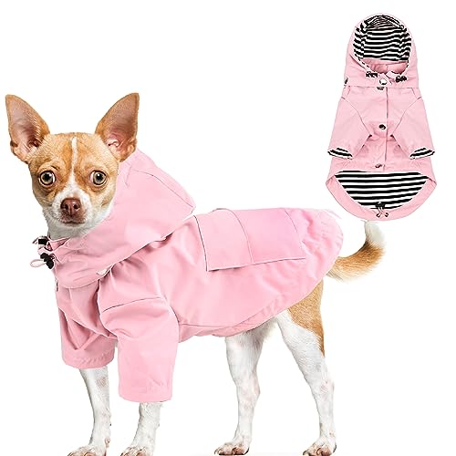 Hunderegenmantel mit Kapuze, reflektierende Streifen, regen-/wasserabweisend, verstellbarer Kordelzug, stilvolle Welpen-Regenjacke für kleine mittelgroße Hunde (Rosa, XL) von MEIKLE