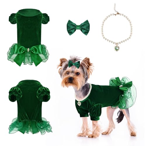 Weihnachts-Outfit für Hunde, Tüllkleid, Winterkleidung für kleine Hunde, Mädchen mit Perlen und Schleifen (Dunkelgrün, S) von MEIKLE