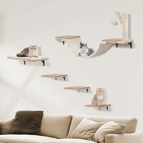 Katzen Kletterwand Set, Kletterwand Katzen aus Massivholz–mit Hängebrücke, Kratzbaum, Katzentreppe, Katzenliege und Hängeball, Filzpads verhindern EIN Ausrutschen-Beige von MEILESH