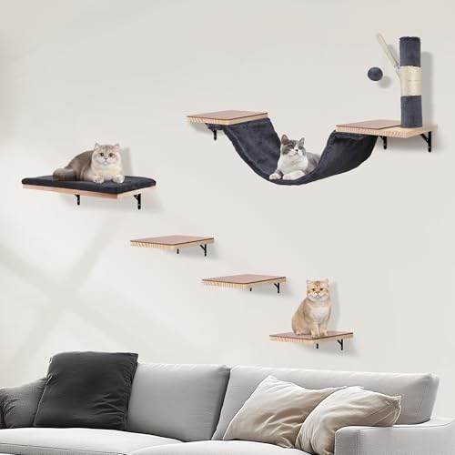 Katzen Kletterwand Set, Kletterwand Katzen aus Massivholz–mit Hängebrücke, Kratzbaum, Katzentreppe, Katzenliege und Hängeball, Filzpads verhindern EIN Ausrutschen-purpurgrau von MEILESH