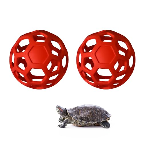 MEISH 2 Stück Schildkröten-Leckerli-Bälle, Gemüsespender, Heu-Futterball, Futter-Grasball-Spielzeug für Schildkröten, Kaninchen, Meerschweinchen (rot) von MEISH