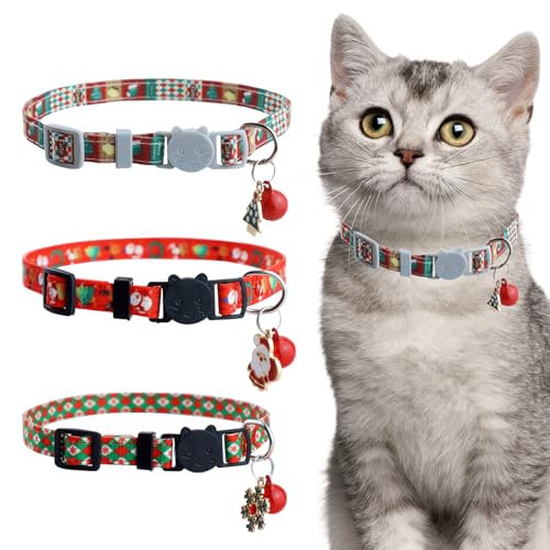 MEISH 3 Stück Weihnachtskatzenhalsband, Weihnachtsmann, Schneeflocke und Weihnachtsbaum, Kätzchen-Halsbänder, Schnellverschluss-Schnalle, verstellbares Katzenhalsband für Kätzchen, Katze von MEISH