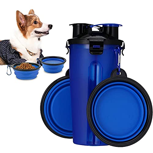 Tragbare Wasserflasche und Futterflasche 2-in-1 Trinkflasche mit 2 Faltschüsseln für Hunde,hundenapf faltbar Wassernapf für Camping, Spaziergang, Wandern, Training, Unterwegs (Blau) von MEISO