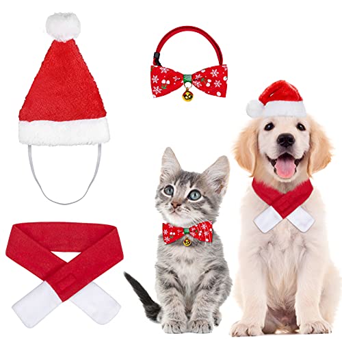 MELLIEX 3 Stück Weihnachten Katzenkostüm Hundekostüm mit Weihnachtsmütze Fliege Halsband Halstuch, Haustier Weihnachtskleidung Hunde Katzen Kostüm Zubehör Set von MELLIEX