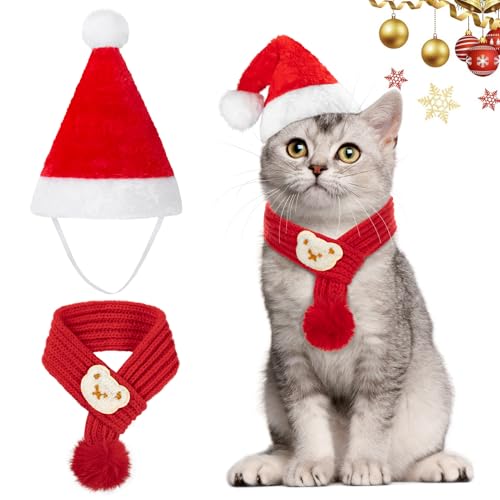 MELLIEX 2 Stück Weihnachten Katzenkostüm Hundekostüm, Katzen Hunde Weihnachtsschal Weihnachtsmütze, Weihnachtskostüm Zubehör Set für Haustier von MELLIEX