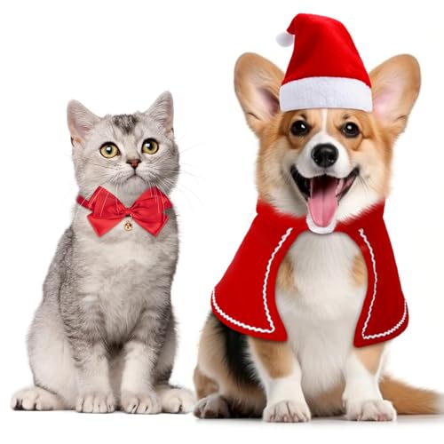 MELLIEX 3 Stück Weihnachten Katzenkostüm Hundekostüm, Katzen Hunde Weihnachtsmütze Mantel Fliege Halsband, Weihnachtskostüm Zubehör Set für Haustier von MELLIEX