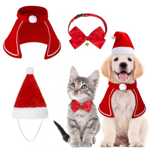 MELLIEX 3 Stück Weihnachten Katzenkostüm Hundekostüm mit Weihnachtsmütze Fliege Halsband Halstuch, Haustier Weihnachtskleidung Hunde Katzen Kostüm Zubehör Set von MELLIEX