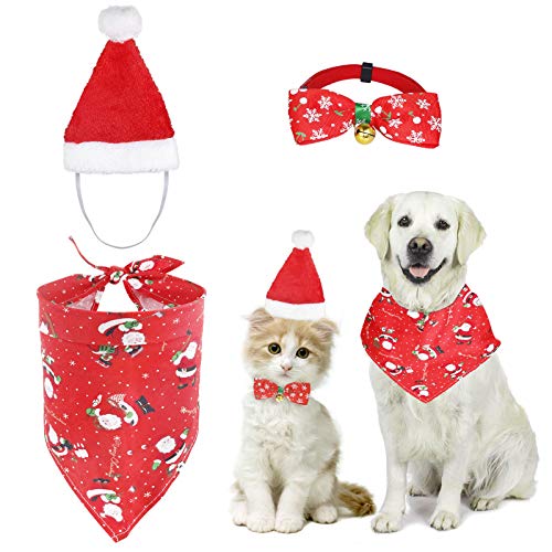 MELLIEX 3 Stück Weihnachten Katzenkostüm Hundekostüm mit Weihnachtsmütze Fliege Halsband Halstuch, Hunde Katzen Kostüm Zubehör Set von MELLIEX