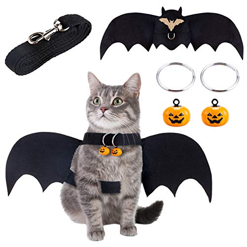 Bat Wings Katzenkostüm, Halloween Katzen Fledermaus Kostüm Katzenbekleidung mit Kürbisglocke und Haustier Schleppleine für Kleine Hund Katze Festival Party Cosplay Dekoration von MELLIEX