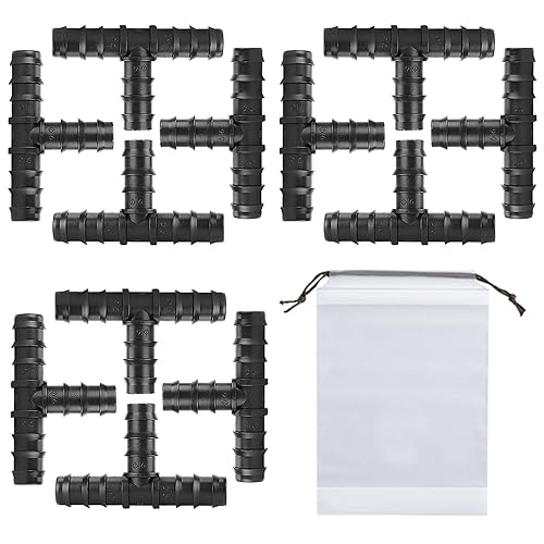 MEMOFYND 12-Teiliger 3-Wege-Schlauchverbinder Mit 1-Teiliger Durchsichtiger Kordelzugtasche, Schlauchverbinder, T-Verbinder, Bewässerungssystem-Zubehör, Geeignet Für Ackerland, Garten (Schwarz) von MEMOFYND