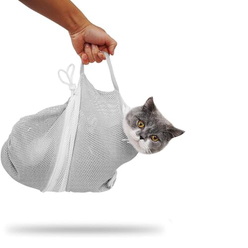 MENAYODA Katze Baden Tasche, Einstellbar Katze Pflege Tasche, Anti-Beißen und Kratzen Katze Baden Mesh, Abnehmbar für Baden, Nagel Trimmen, Haustier Untersuchung (Grau) von MENAYODA