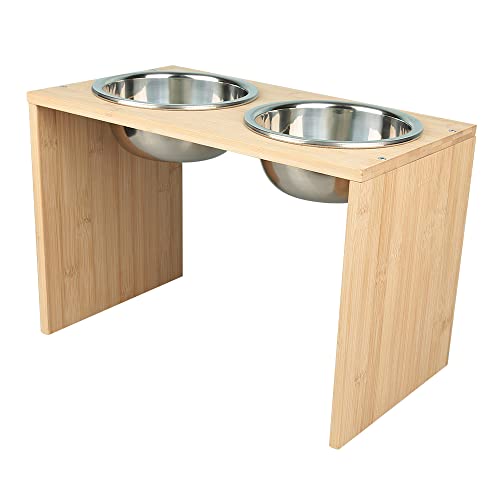 MENGDA Futterstation mit Schüsseln aus Edelstahl für Katzen, Futterstation für Hunde, höhenverstellbar (Holzfarbe, D 43 x 24,5 x (7,3 – 27,8 cm) von MENGDA