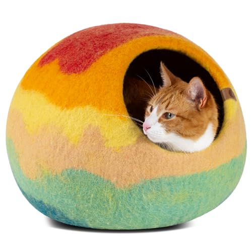 MEOWFIA Premium Katzenbett aus Filz, handgefertigt, 100% Merinowolle, für Katzen und Kätzchen (lebendige Farbtöne), groß, elfenbeinfarben, Regenbogenfarben von MEOWFIA