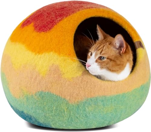 MEOWFIA Premium Katzenbett aus Filz, handgefertigt, 100% Merinowolle, für Katzen und Kätzchen (lebendige Farbtöne), mittelgroß, elfenbeinfarben, Regenbogenfarben von MEOWFIA