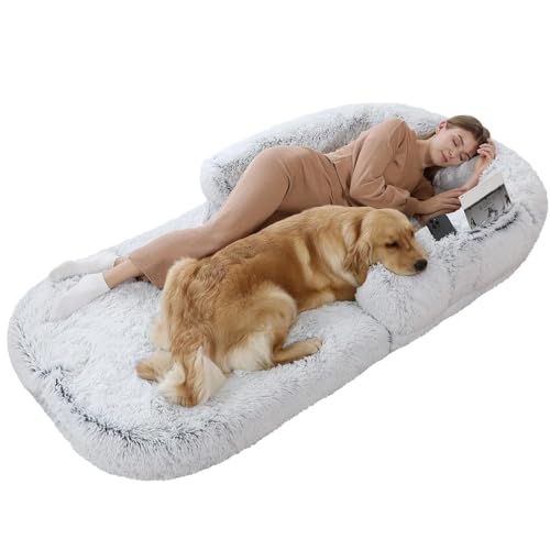 Menschliches Hundebett, Riesiges Haustierbett In Menschengröße, Waschbarer Bezug, Rutschfeste Unterseite, Orthopädisches Ei, Bequemer Sitzsack Für Erwachsene Und Pelz(Size:180X115X25CM,Color:Hellgrau) von MEOYCHB