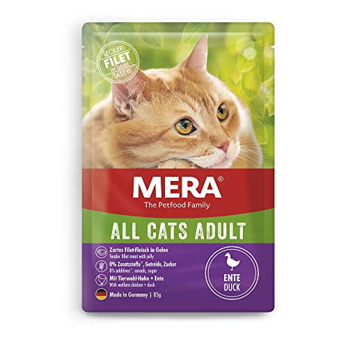 MERA Cats Adult Ente (12x85g), Nassfutter für ausgewachsene Katzen, getreidefrei, Katzennassfutter mit hohem Fleischanteil von MERA