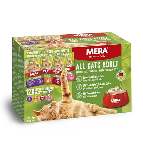 mera Cats Adult Nassfutter Multibox, für ausgewachsene Katzen, getreidefrei und nachhaltig, Katzenfutter mit hohem Fleischanteil aus Huhn, Rind, Ente und Lachs, 12 x 85 g von MERA The Petfood Family