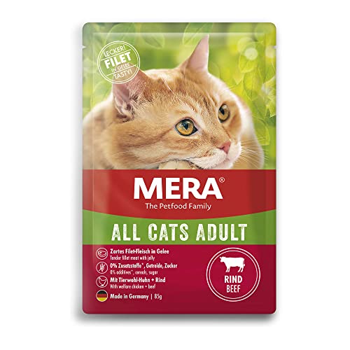 MERA Cats Adult Rind (12x85g), Nassfutter für ausgewachsene Katzen, getreidefrei, Katzennassfutter mit hohem Fleischanteil von MERA