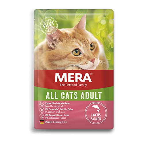 MERA Cats Adult Lachs (12x85g), Nassfutter für ausgewachsene Katzen, getreidefrei, Katzennassfutter mit hohem Fleischanteil von MERA