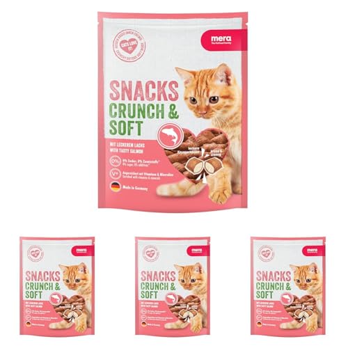 MERA Crunch & Soft mit Lachs, 200g köstliche Katzen Leckerlies, nahrhafter Katzensnack voller Vitamine und Mineralien, krosse Kissen mit cremiger Füllung (Packung mit 4) von MERA