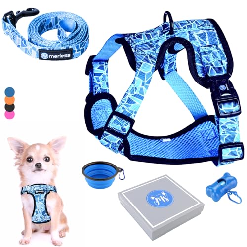 Hundegeschirr für kleine Hunde Chihuahua Welpen,Kätzchen (1,2-3kg). Verstellbares Geschirr für sehr kleine Hunde Anti-Zug-Weste robust originell Spaziergangszubehör, Geschenkbox (XS Blau, Set 5 in 1) von MERLESS