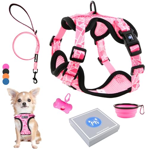 Hundegeschirr für kleine Hunde, Chihuahuas, Welpen und Kätzchen (1,2-3 kg) Verstellbares Geschirr für sehr kleine Hunde Anti-Zug-Weste robust und originell. Spaziergangszubehör (XS Rosa, Set 5 in 1) von MERLESS