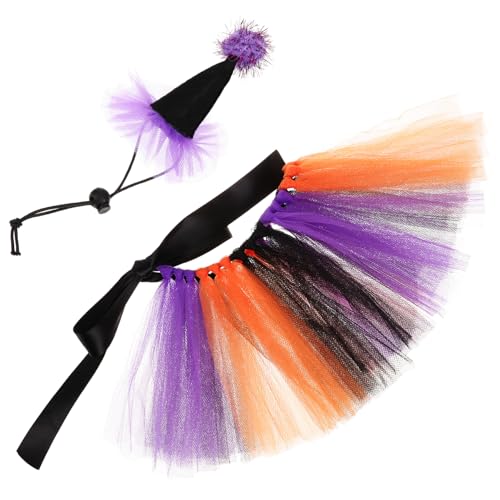 MERRYHAPY 1 Satz Haustier Tutu Katzen-hexen-Outfit Hund Hexenkleid Halloween-Haustier-Cosplay-Requisiten Katze-Halloween-kostüm Hexenkostüm Katze Hundemütze Mit Rock Gittergewebe Orange von MERRYHAPY