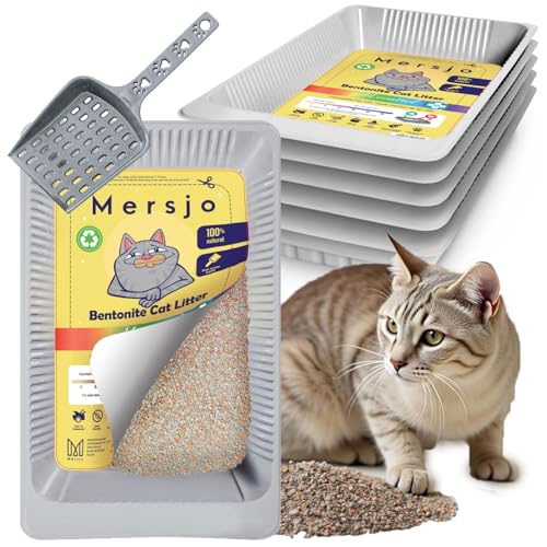 Mersjo Einweg-Katzenstreu Set, 5x2,7l Bentonit-Streu mit pH-Indikator, Schale und Kehrblech von MERSJO