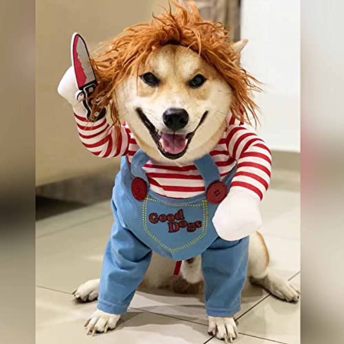 Dog Deadly Doll Kostüm - Haustier Halloween Lustiges Chucky Cosplay Zubehör mit Perücke & Messer, Weihnachtsfeier Cut Set für Welpen, Katze, Mops, Corgi, Shiba, M Größe (G) von MESINURS