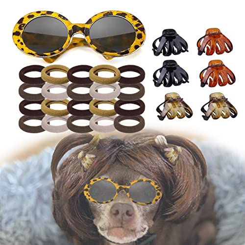 Hundeperücke, Haustierkostüme, Zubehör, Welpen und kleine Katze, Kopfbedeckungs-Set für Halloween, Heiligabend, Festival, Party-Dekoration (inklusive Haarnadeln, Haarringe, Brille) von MESINURS