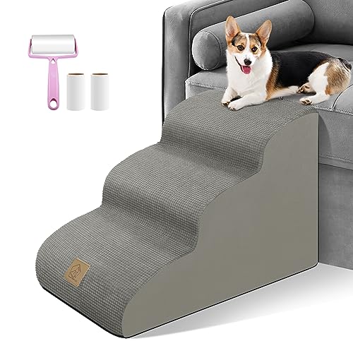 3-stöckige Hundetreppe aus hochdichtem Schaumstoff für Hochbett, Sofa, weiche Schaumstofframpe, Treppe mit maschinenwaschbarem Stoffbezug, 1 Fusselrolle mit 2 Nachfüllpackungen, Hellgrau von MESTUEL