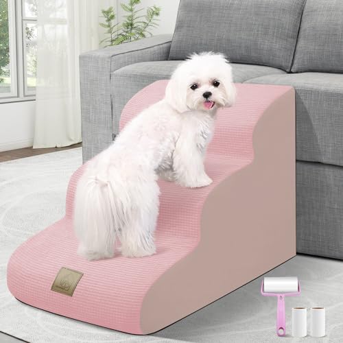 3-stöckige Schaumstoff-Hundetreppe für Sofa, Bett, Couch, hochdichte Schaumstoff-Treppe für den Innenbereich, Hundetreppe, Leiterrampe, inklusive 3-teiliges Fusselrollen-Set, rosa von MESTUEL