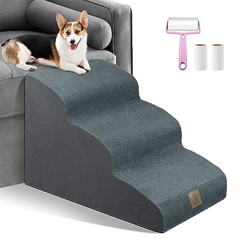 3-stöckige Schaumstoff-Hundetreppe für hohes Sofa, Bett, Couch, hält bis zu 27.2 kg, hochdichte Schaumstoff-Treppe für den Innenbereich, Hundetreppe, Leiterrampe, Fusselroller-Set, blaue Asche von MESTUEL