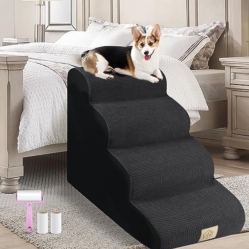 4-stöckige Schaumstoff-Hundetreppe für hohe Sofa, Bett, Couch, hochdichter Schaumstoff, Treppenneigung, Hundetreppe, Leiterrampe, 3-teiliges Fusselroller-Set, schwarz von MESTUEL