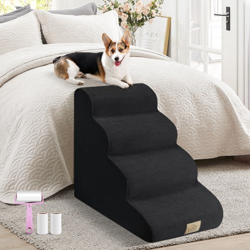 4-stöckige Schaumstoff-Hundetreppe für hohe Sofa, Bett, Couch, hochdichter Schaumstoff, Treppenneigung, Hundetreppe, Leiterrampe, 3-teiliges Fusselroller-Set, schwarz von MESTUEL