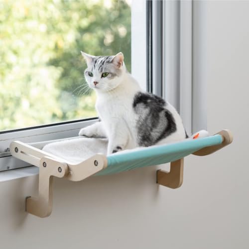 Katzen-Fenster-Hängematte für Katzen, robust, verstellbar, langlebig, stabil, stabil, für Rundum-Sonnenbad, platzsparend, waschbar, hält bis zu 18 kg (blau mit Polster) von MEWOOFUN