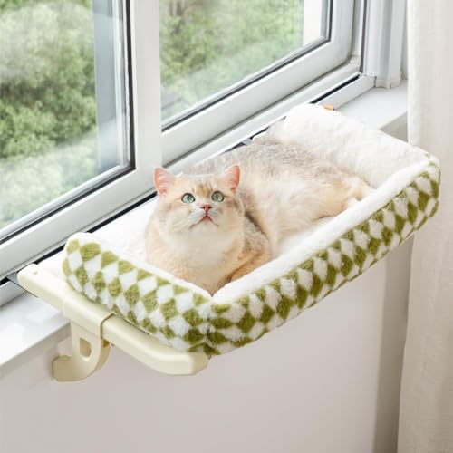 MEWOOFUN Katzen Hängematte Fenster Katzenbett Fensterbank für Katzen - 59x36cm Katzenbett für Heizung Katzen Hängematte mit mit weichem Bett Abnehmbarem Saugnapffrei hält 18kg, Grün L von MEWOOFUN