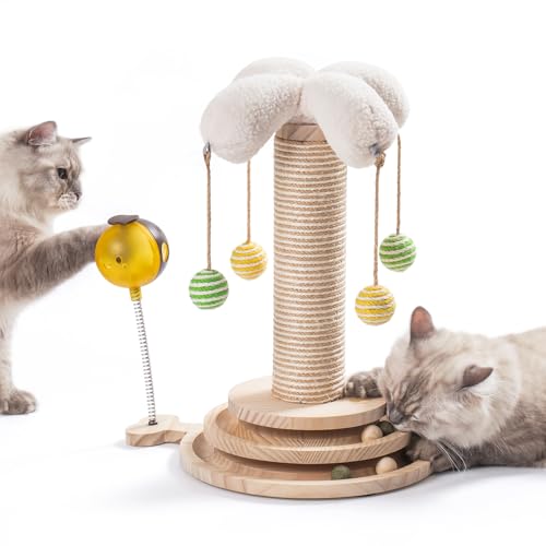 MEWOOFUN 4-in-1 Katzenspielzeug Kitten Spielzeug, Sisalseil für Katzen mit 4 hängendem Ball – Interaktives Katzenspielzeug Holz Track Katen Ball mit Feder (Stil 1) von MEWOOFUN