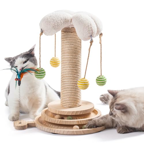 MEWOOFUN 4-in-1 Katzenspielzeug Kitten Spielzeug, Sisalseil für Katzen mit 4 hängendem Ball – Interaktives Katzenspielzeug Holz Track Katen Ball mit Feder (Stil 2) von MEWOOFUN