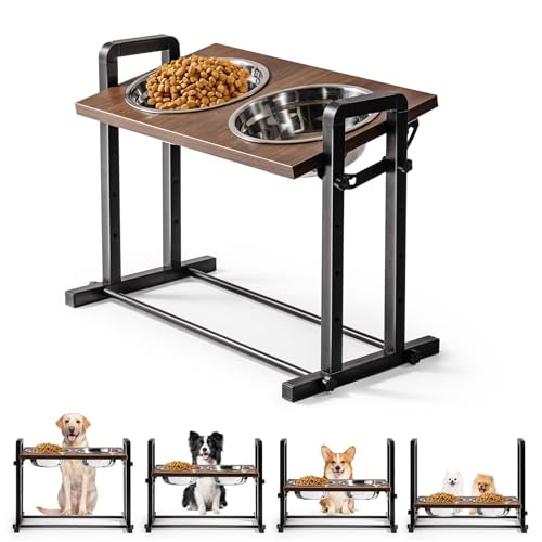 MEWOOFUN Erhöhter Hundenapf für große und mittelgroße Hunde, 4-fach höhenverstellbar, stabile hölzerne erhöhte Hundenäpfe mit 2 x 1200 ml Edelstahlnäpfen (XL) von MEWOOFUN